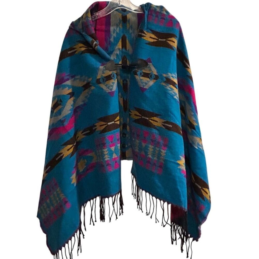 Women's Hooded Poncho Cape Shawl Bohemian Aztec Fringe